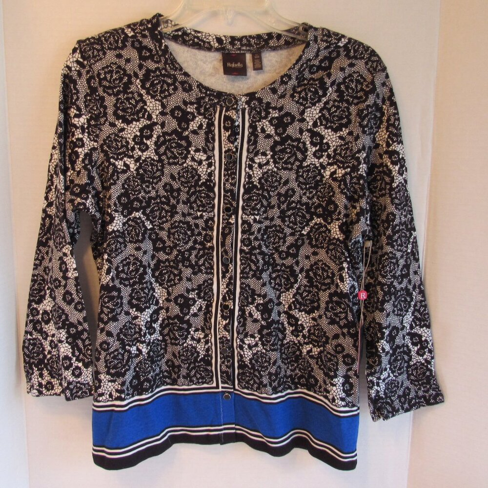 Rafaella Black/White/Blue Button Up 3/4 Sleeve Floral Pattern Shirt Size L NWT